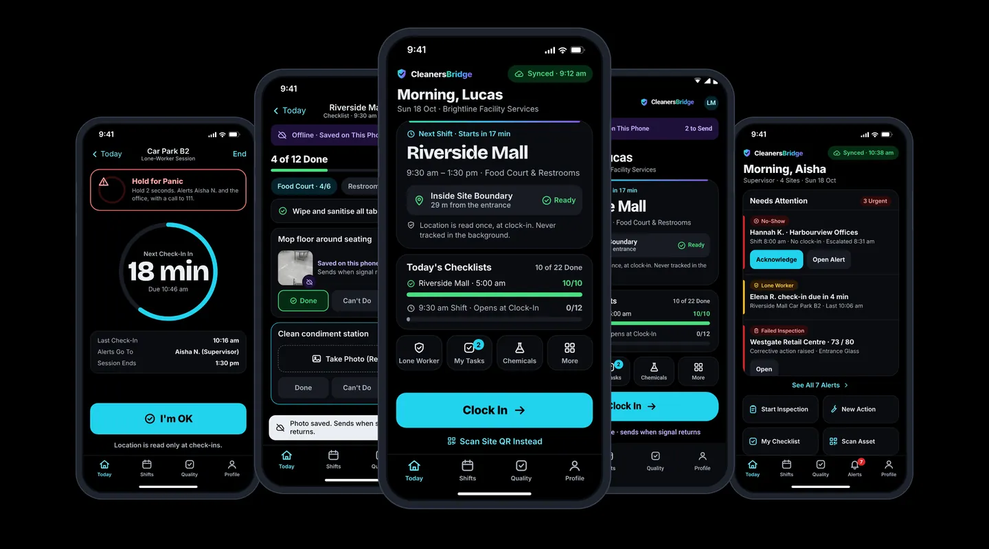 Mobile app showing clock-in, offline checklists, and lone-worker safety