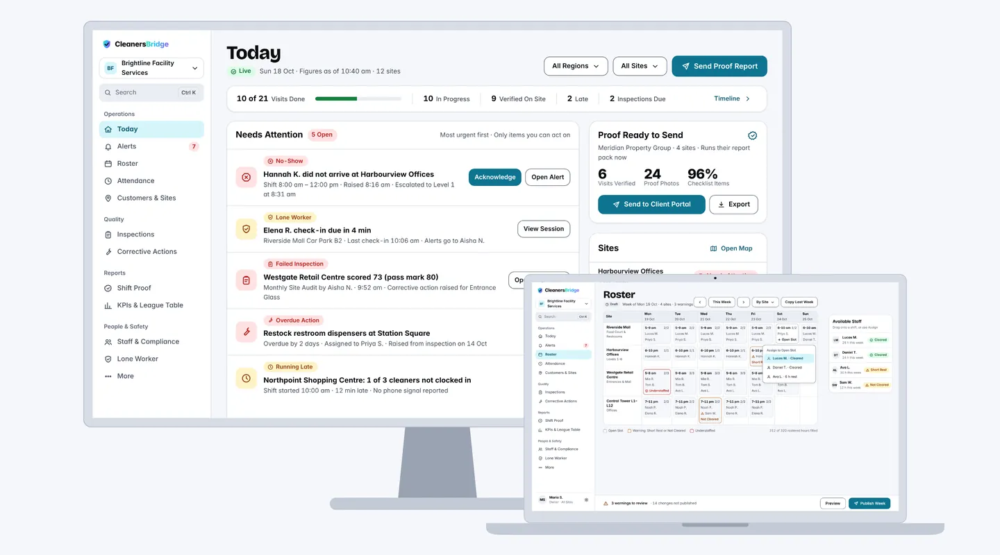 Web Portal showing roster, today dashboard, and shift proof
