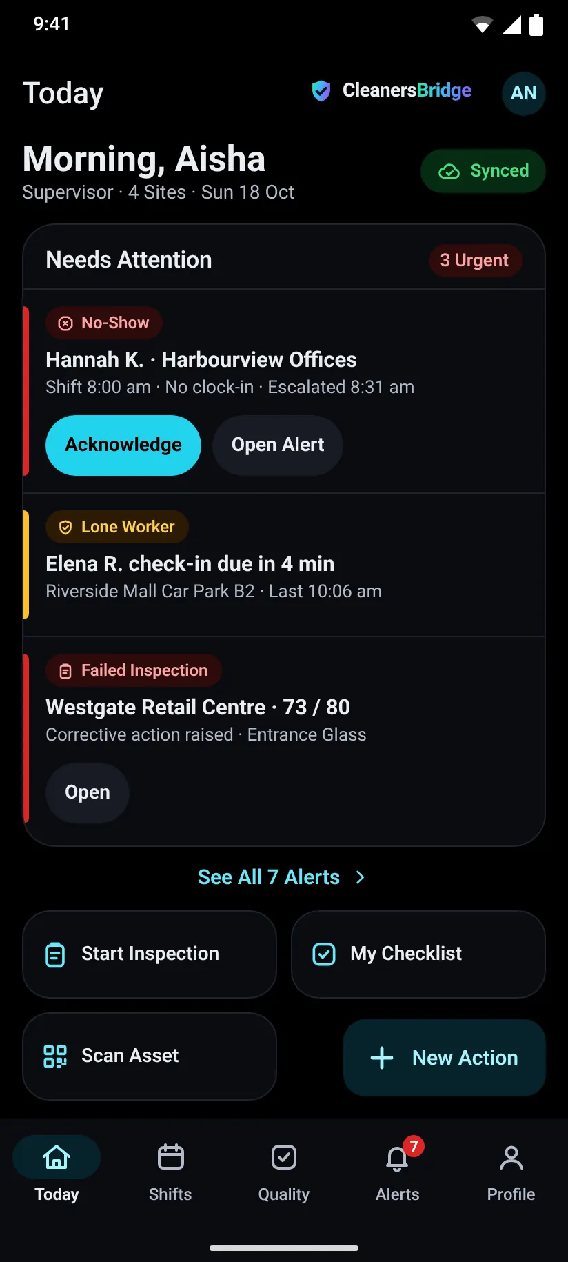 Supervisor alerts inbox on Android, with Acknowledge and Resolve
