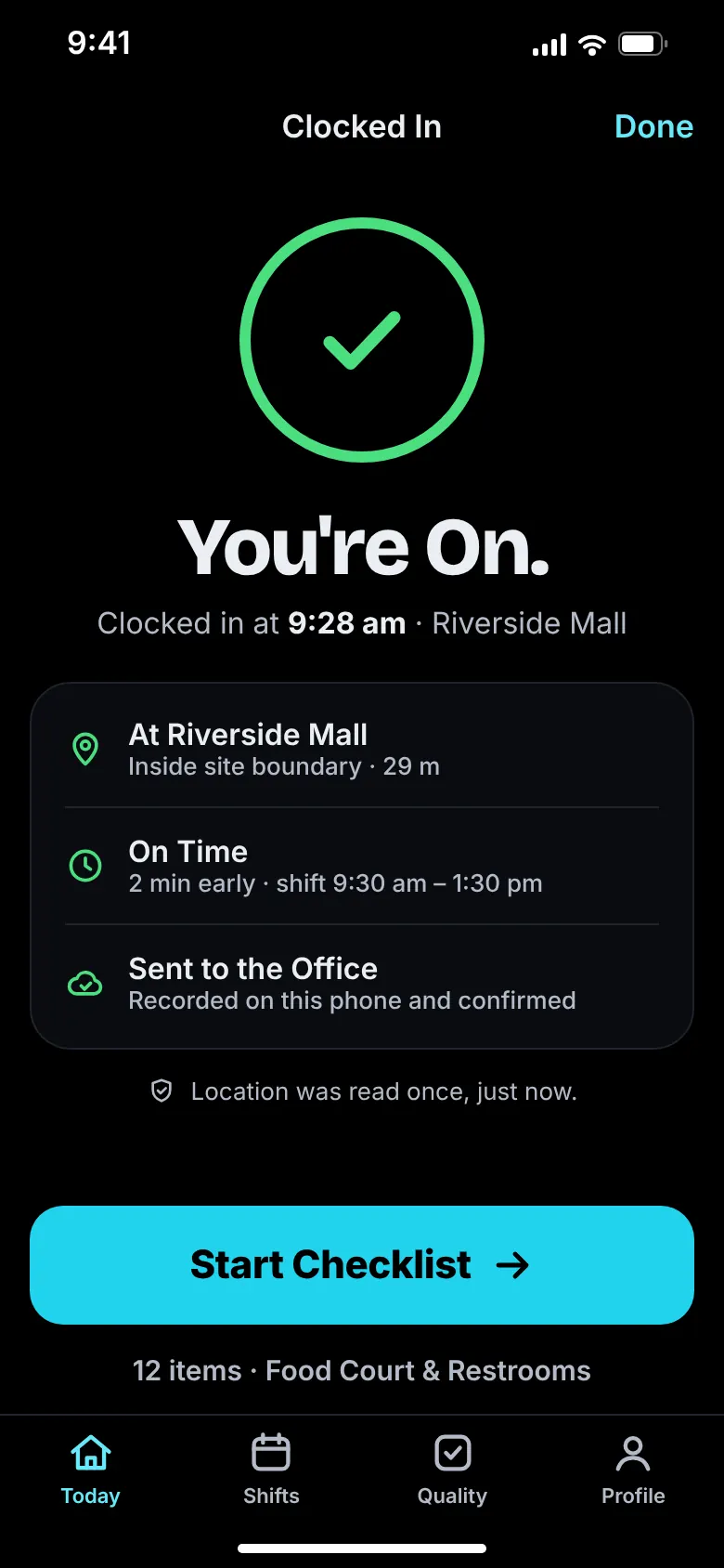 Clock-in confirmed from the signed site QR poster