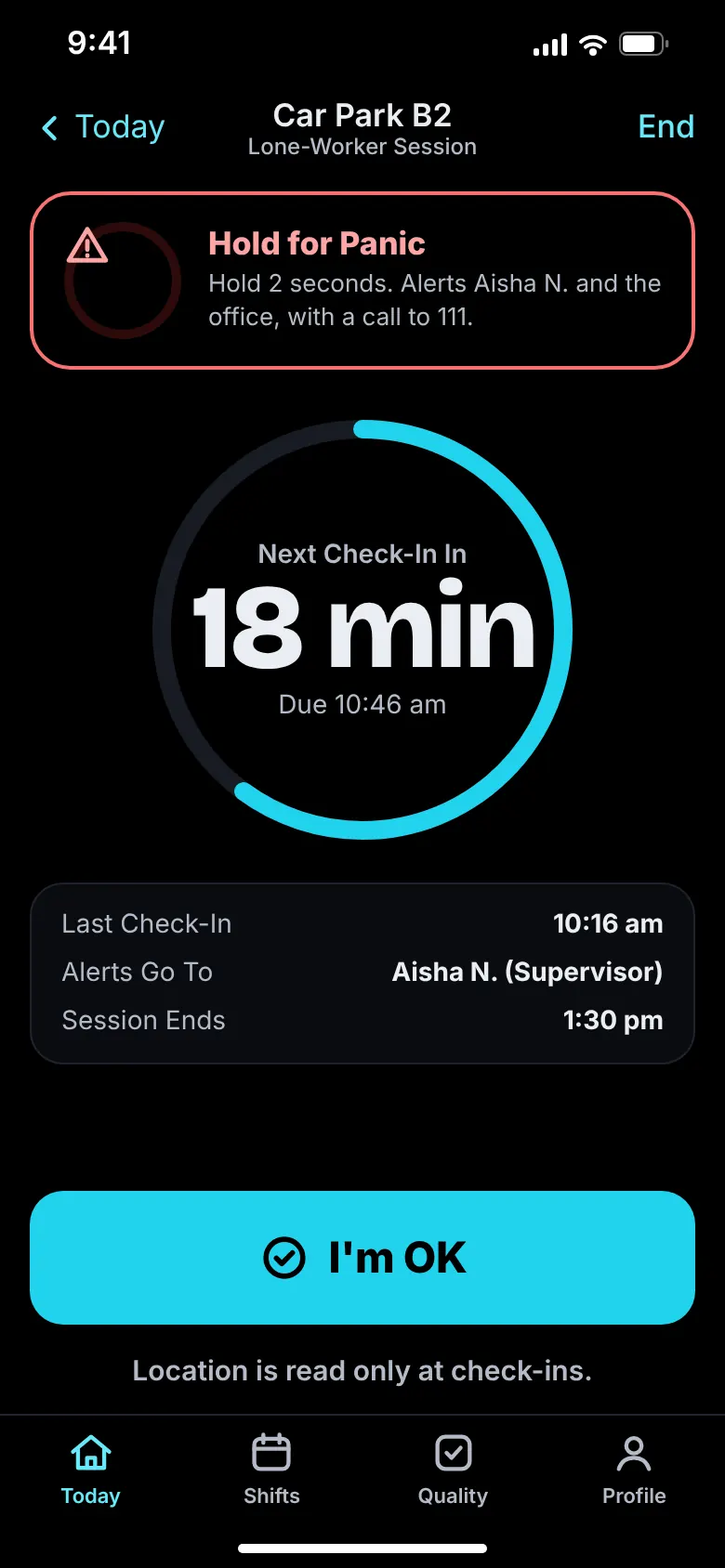 Lone-worker check-in countdown