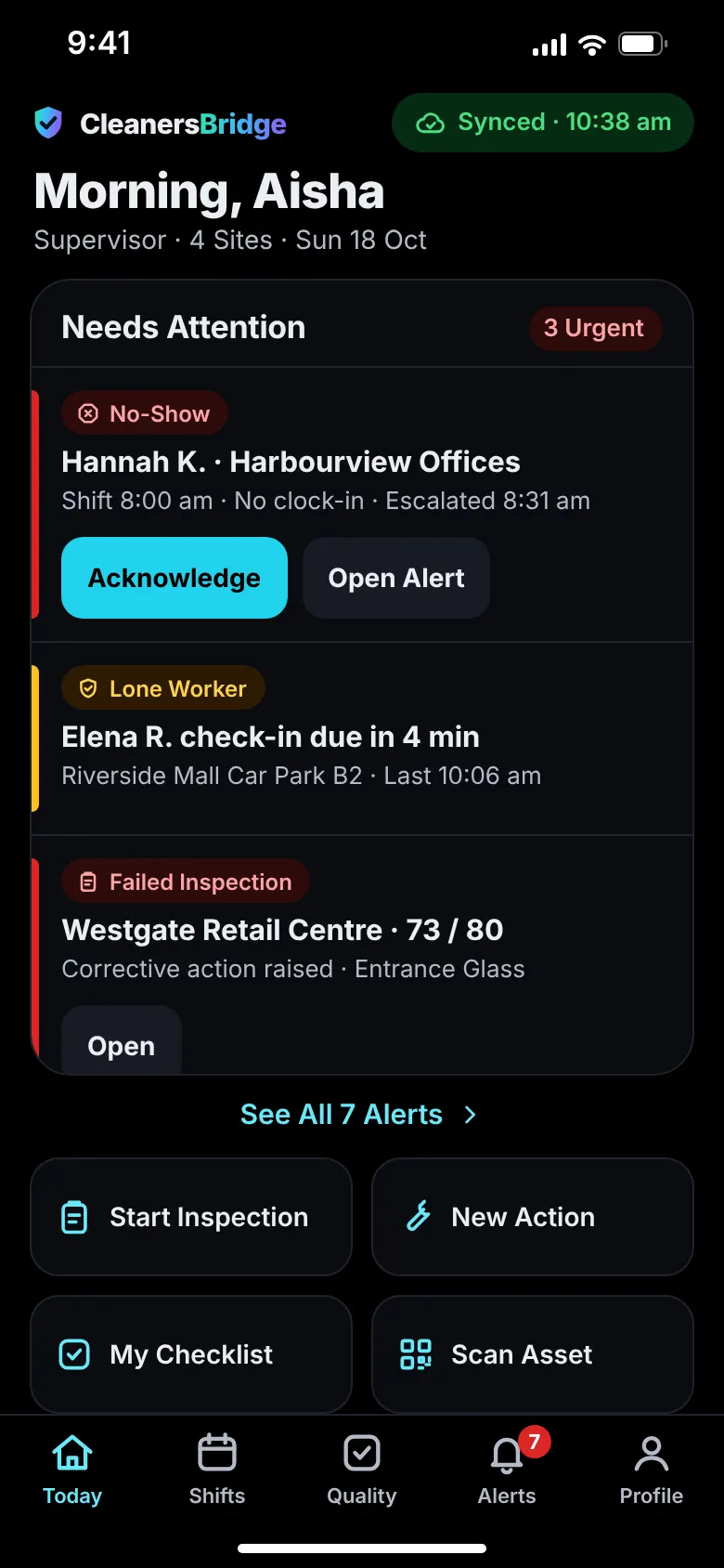 Supervisor alerts inbox on iOS, with Acknowledge and Resolve