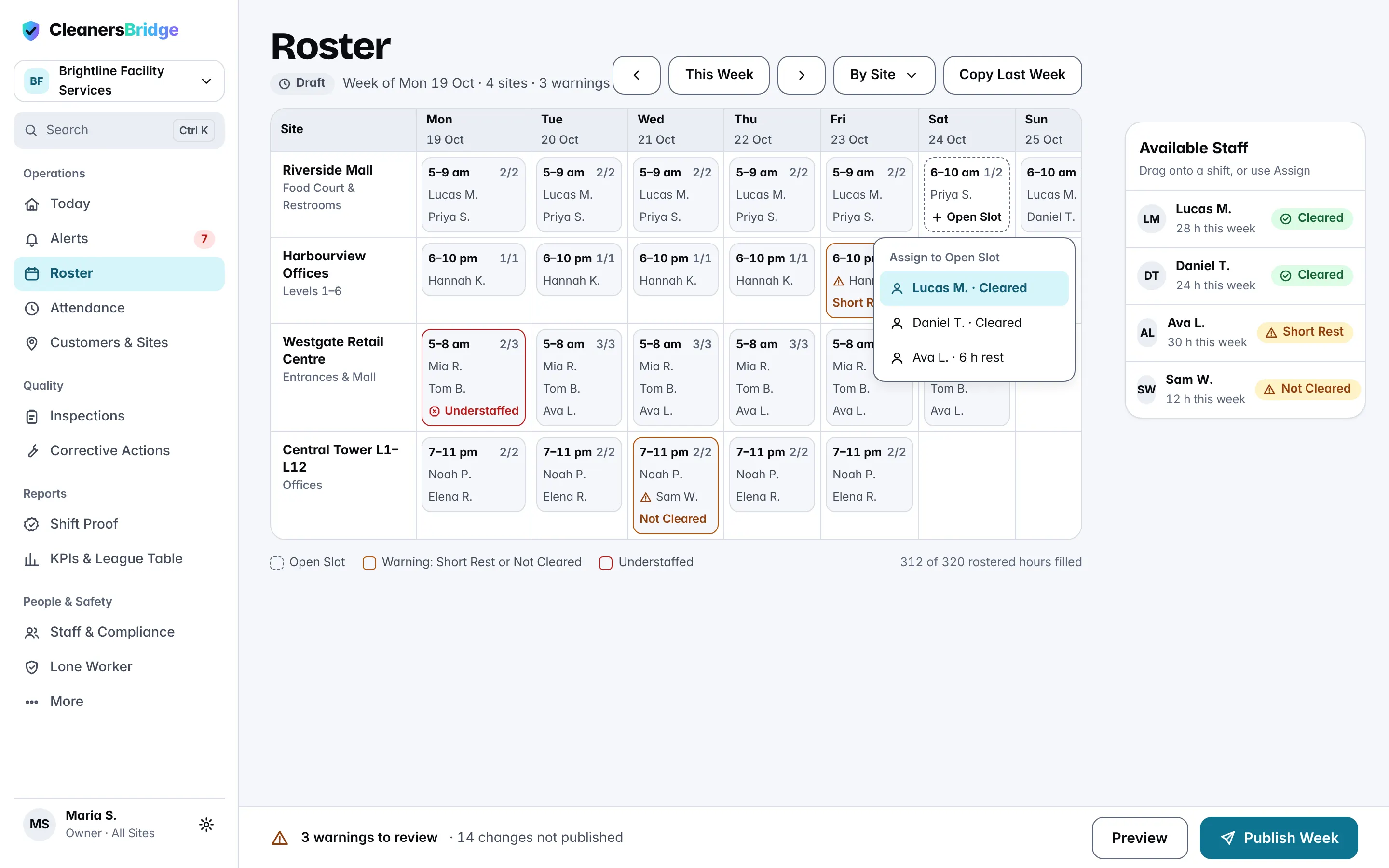 Weekly roster with templates, short-rest warnings and a calm publish step