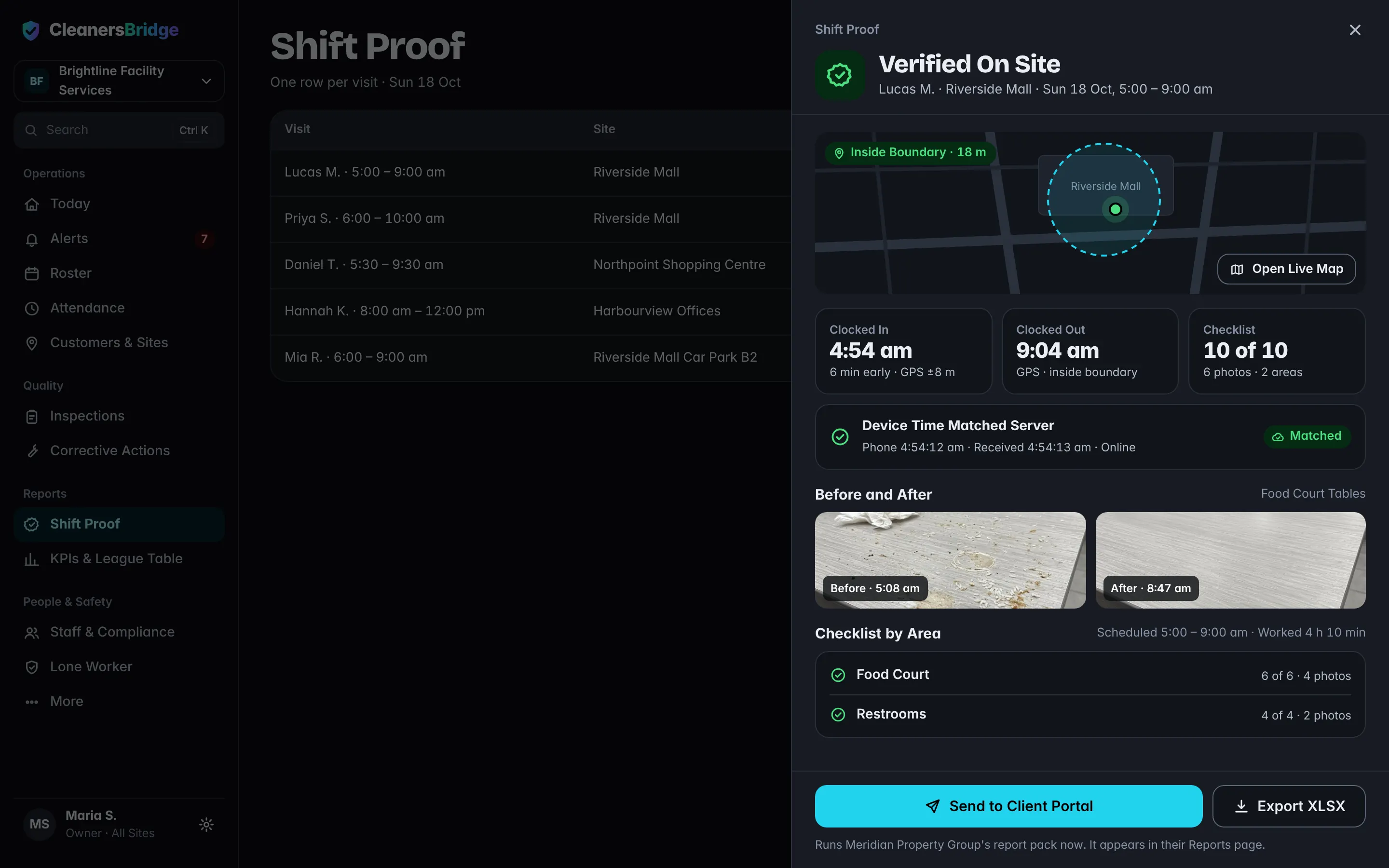 Shift proof showing who was on site and what was checked